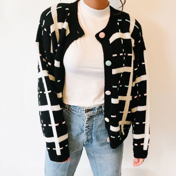Vintage Sweaters - Vintage Oversized Pastel Ribbon Cardigan